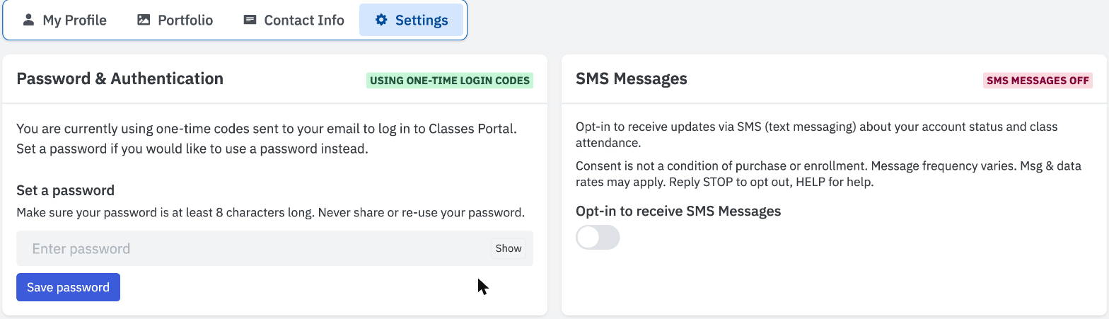 The Profile and Settings screen in the Classes Portal, with the Settings tab selected and the SMS Messages panel on the right.
