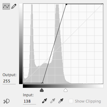 Curves adjustment dialog showing initial settings for enhancing contrast in a channel