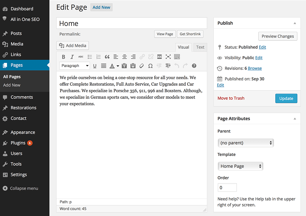 screenshot of creating a webpage in the WordPress admin