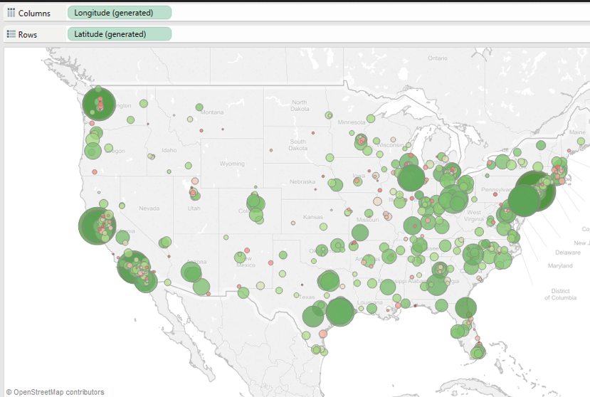 Screenshot of a United States map with varying-sized green circles placed across different locations, representing data points or aggregated values in a data visualization tool (e.g., Tableau).
