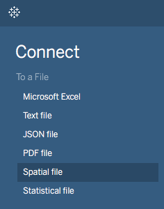 Screenshot of a data visualization tool’s ‘Connect’ panel, listing file connection options including Microsoft Excel, Text file, JSON file, PDF file, Spatial file, and Statistical file.