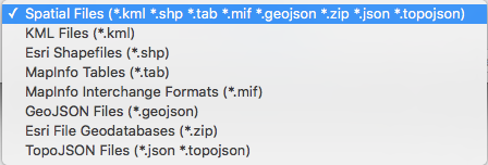 Screenshot of the file selection dialog for ‘Spatial Files,’ showing supported formats such as KML, Shapefiles, MapInfo tables, GeoJSON, and TopoJSON.