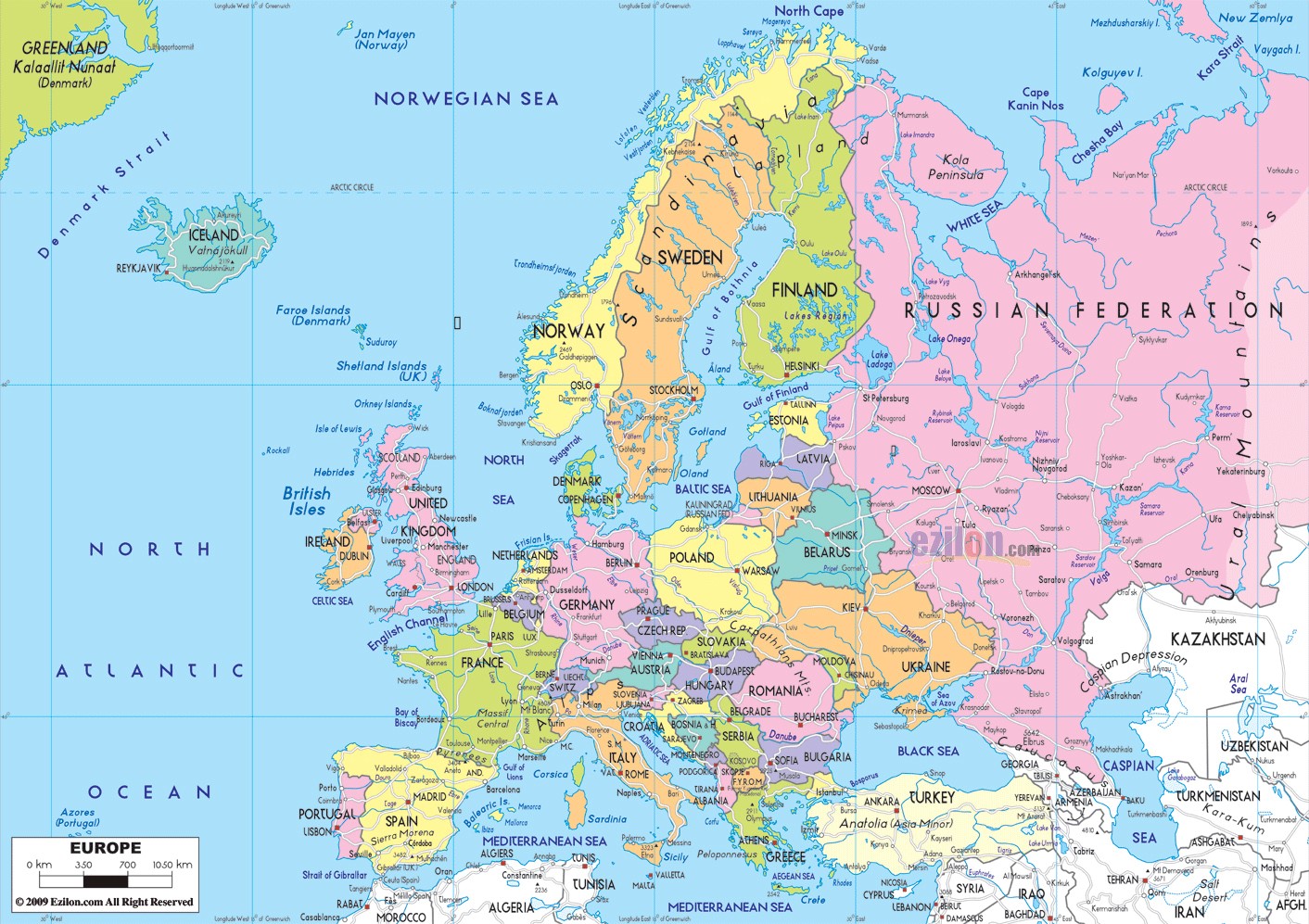Color-coded political map of Europe showing country names, boundaries, and surrounding bodies of water (e.g., Norwegian Sea, North Atlantic, Mediterranean). The map also includes part of Greenland, Russia, and neighboring regions.