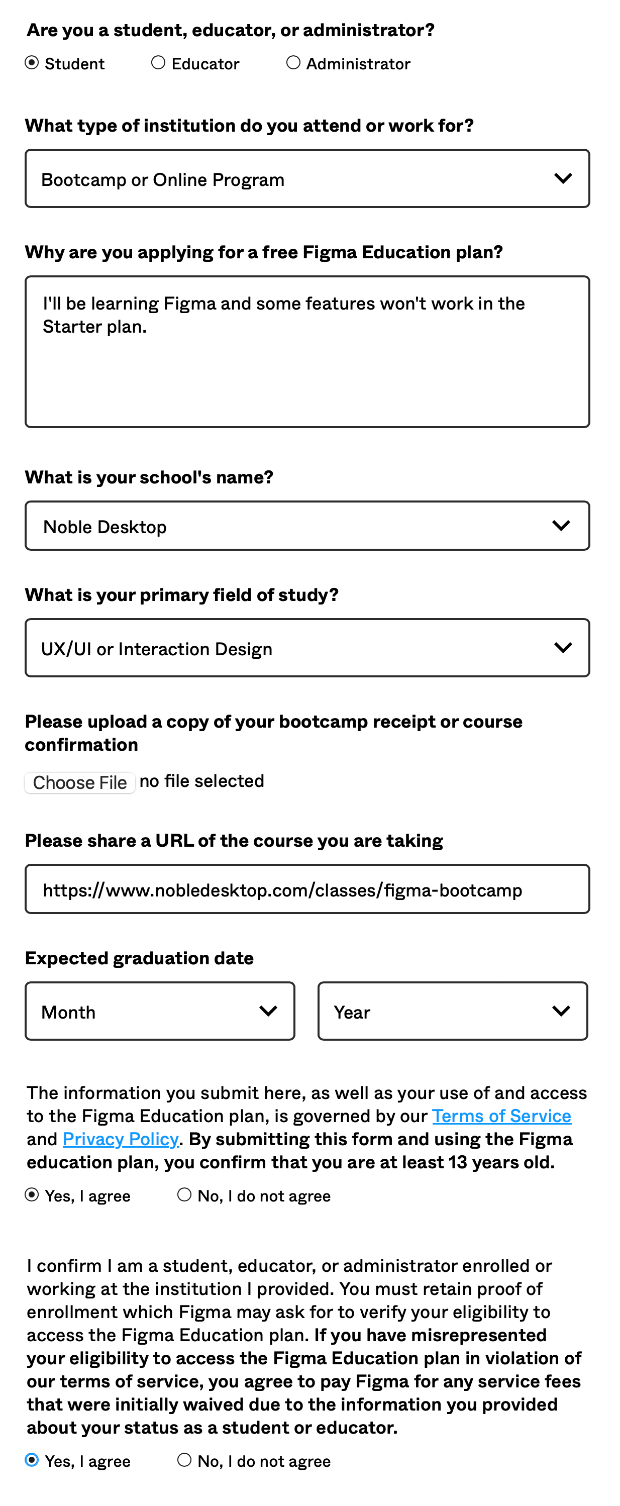 screenshot of a completed application