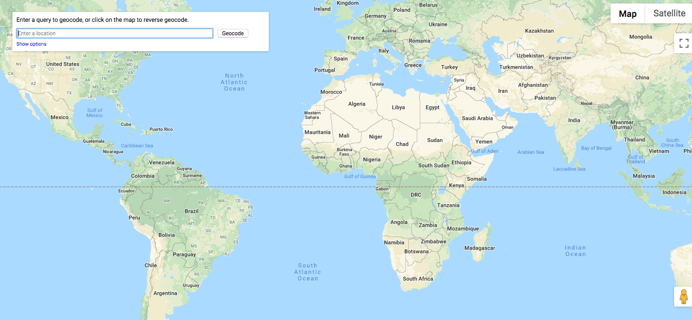 Screenshot of a web-based map interface displaying the world map in default Map/Satellite view. A text field prompts, 'Enter a query to geocode or click on the map to reverse geocode,' allowing users to search or perform reverse geocoding.