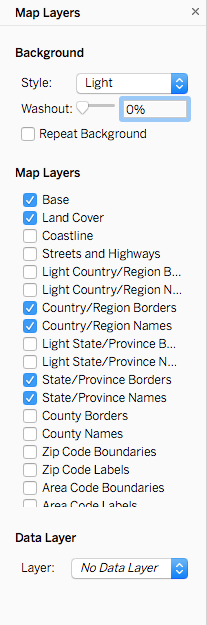 Screenshot of the 'Map Layers' panel with a 'Style' dropdown set to 'Light,' a 'Washout' slider at 0%, and several checkboxes such as Base, Land Cover, Coastline, Country/Region Names, State/Province Borders, and Zip Code Boundaries. The Data Layer dropdown shows 'No Data Layer' selected.
