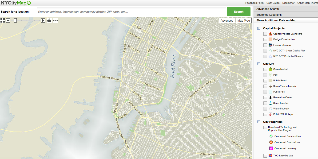 Screenshot of the NYC CityMap interface, showing a detailed street layout around the East River. The left side contains a search bar and advanced search options, while the right side displays map layer checkboxes for Capital Projects, City Use, and City Programs.