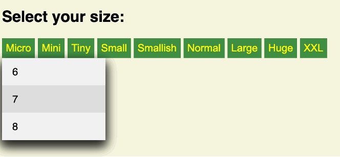 Menu displaying nine sizes of an item for the user to choose from
