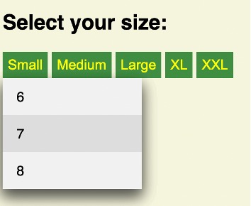 Menu displaying five sizes of an item for the user to choose from