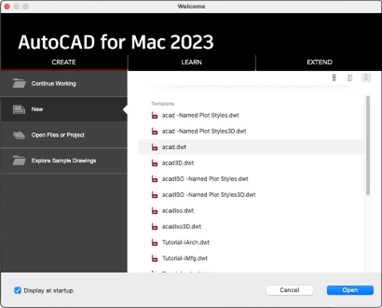 The Mac AutoCAD welcome screen
